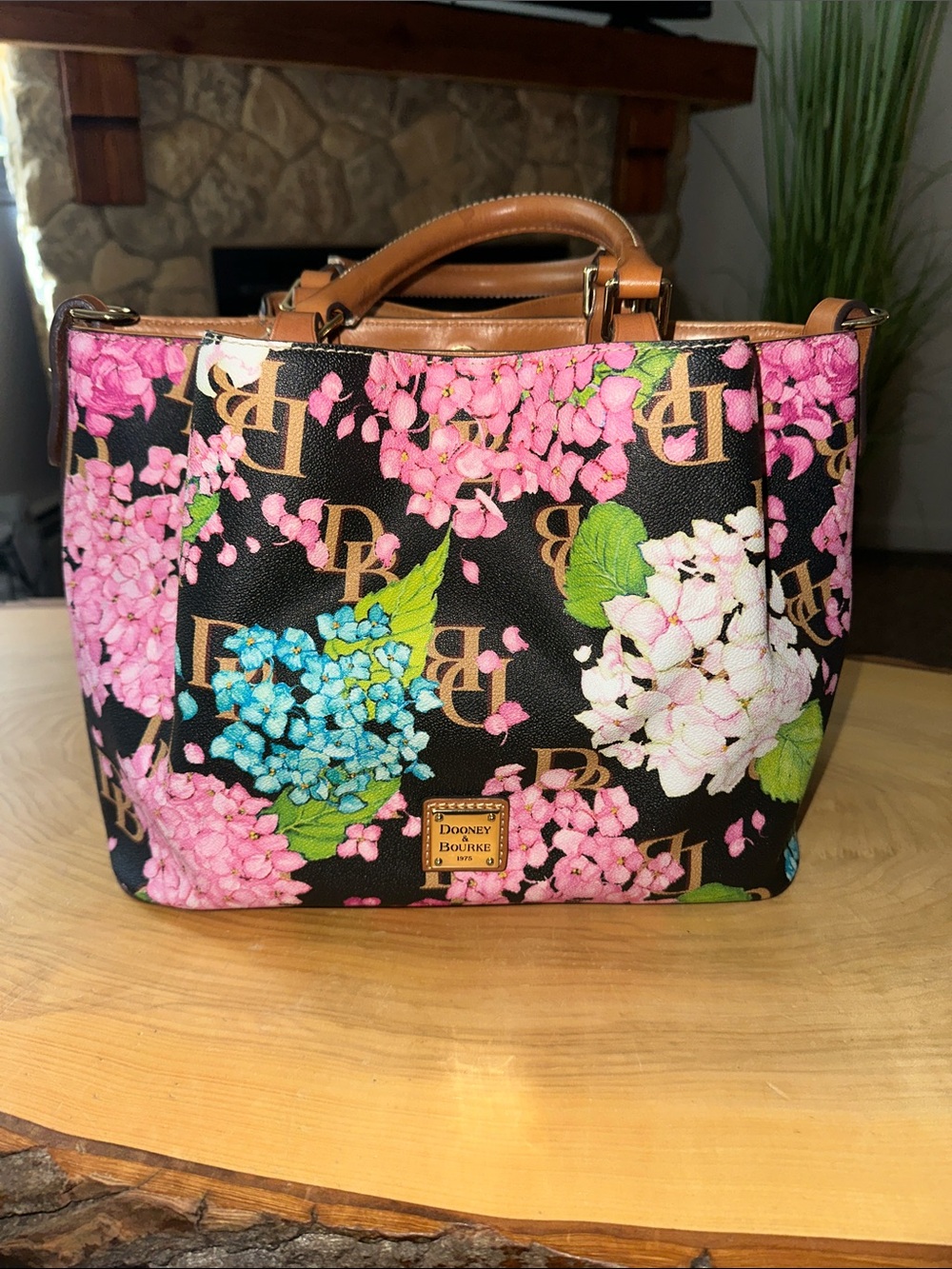 Dooney & Bourke Black Floral Hydrangea Satchel with Tan Trim